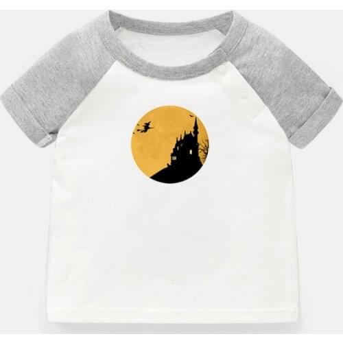 Halloween Wicked Witch Castle Broom Design Newborn Baby T-shirts Toddler Graphic Raglan Color Short Sleeve Tee Tops