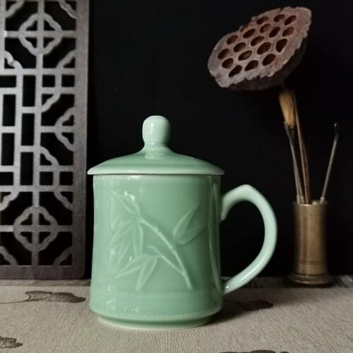 Coffee Mugs Cup with Lid 17oz Teacup Embossed with Bamboo Ceramic Drinkware Porcelain Tableware Microwave and Dishwasher Safe