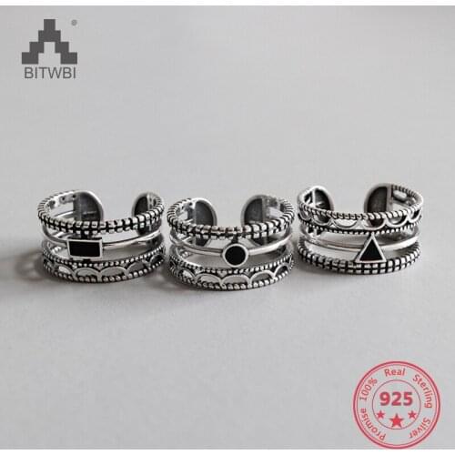 S925 Sterling Silver Personality Retro Carved Glaze Inlaid Black Zircon Opening Ring