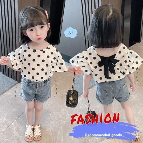 Cute Baby Girls Clothes Jean Shorts Set Summer Puff Sleeve Polka Dots Print T-Shirt Tops+Denim Pants 2Pcs Kids Children Clothing