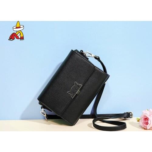 Mexican Women PU Leather Small Shoulder Bag Ladies Vintage Cat Pattern Chain Pure Color Zipper Mini Purse Handbag