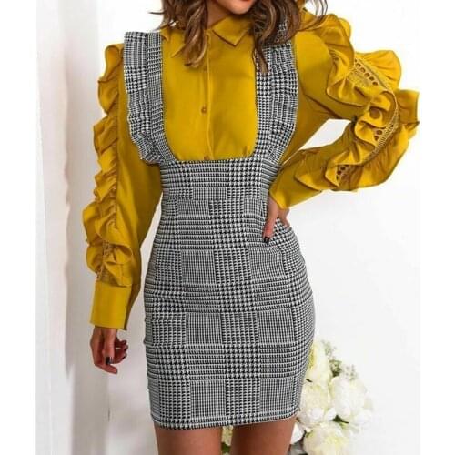 Fashion Women Skirts Check Dog Tooth Frill Ruffle Pinafore High Waist Bodycon Party Mini Dress Holiday Casual Slim Vestidos