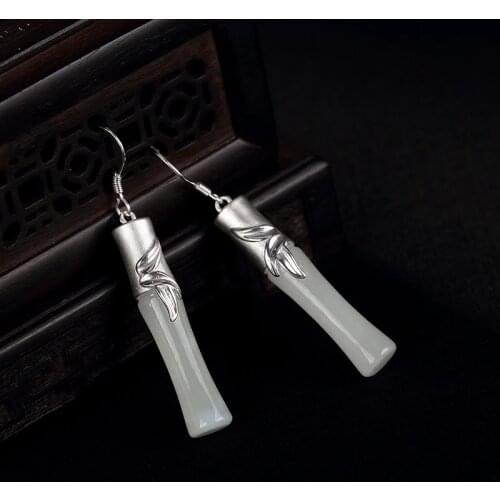 Natural 925 sterling silver inlaid hetian jade white jade bamboo retro earrings jewelry simple individuality for women