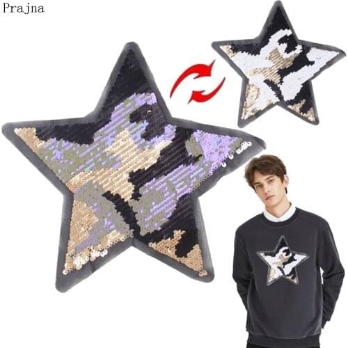 Prajna Glitter Star Reversible Patch Sequin Embroidered Patches For Clothes Stripe Stickers Sew On Cartoon Patch Applique Decor