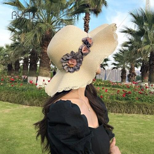 RYFIX 2021 new Foldable Straw Cap Large flower sunshade straw hat summer thin breathable sun hat #JX51