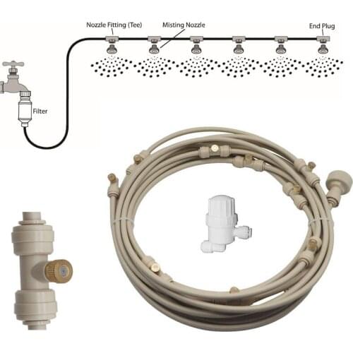 Beige color outdoor garden water mist cooling system with white Water Filter connector for fog system for flowers plants 6M-18M