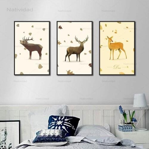 Modern Canvas Painting Lovely Brown Horned Elk and Orange Hornless Fawn Posters and Prints for Living Room Decoration No Frame