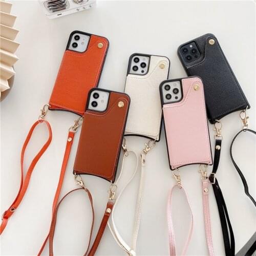 Messenger bag with mirror card phone case For iphone 12 11 pro max Xs max XR X 8 7 plus Long strap Crossbody leather phone cover