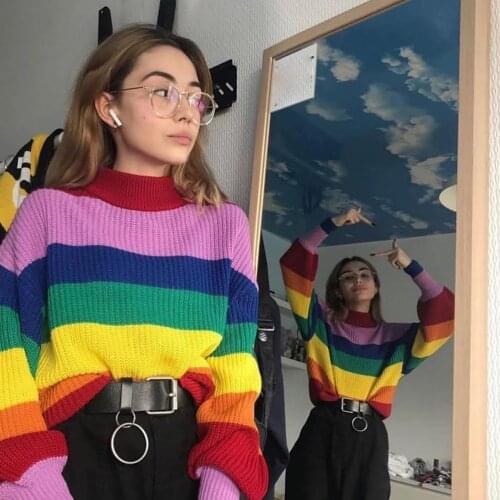 Rainbow Sweater round neck color long sleeve shirt autumn sweater shirt womens clothing 02-ST-ylzsms
