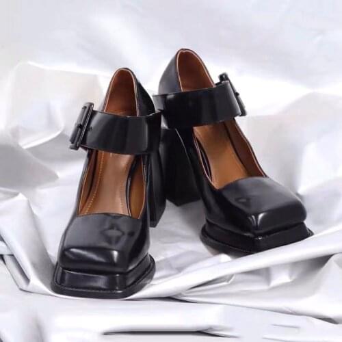 Mary Jane High Heels Shoes Women Square Toe Chunky Platform Pumps Women Retro Fashion One Strap Buckle Leather Shoes 2021 Spring