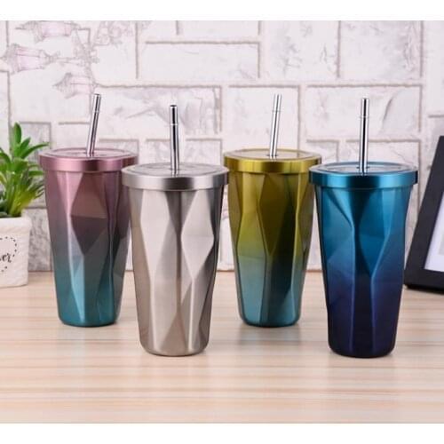 Creative Coffee Mug With Straw 500ml Double Wall Stainless Steel Gradient Diamond Shaped Vacuum Insulation Bottle Tour