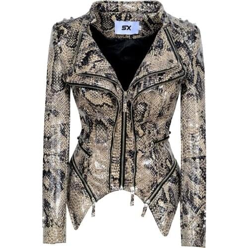 2020 HOT Gothic PU Faux Leather Jacket zipper Women rivet Winter Autumn Motorcycle snake print Coat studs slim Casual Outerwear