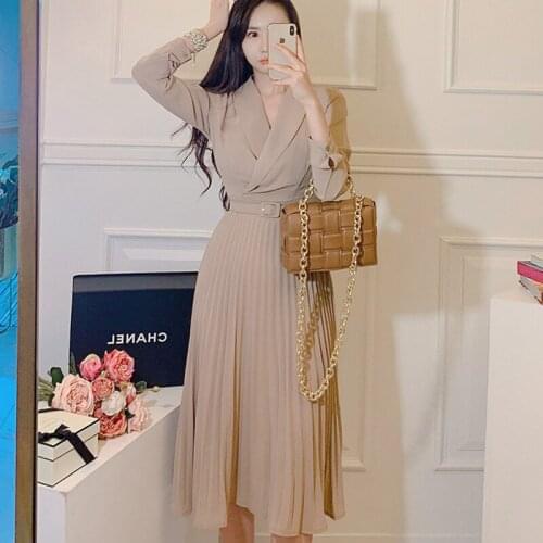 Women Long Sleeve Midi Pleated Dresses Waist Belt A Line Lace Up Female Fashion Spring Vestidos Khaki