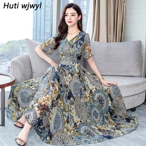 2021 Vintage Print Chiffon Boho Maxi Sundress Plus Size Beach Vacation Midi Summer Dresses Elegant Women Bodycon Party Vestidos