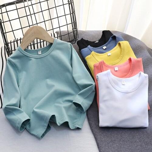 2021 Childrens Spring and Autumn Long-Sleeved T-shirt Boys' and Girls' Cotton round Neck Bottoming Shirt Childrens Solid Color