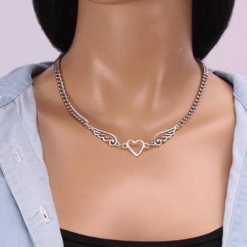 2021 Classic Fashion Geometric Hollow Heart Wing Necklace Pendant Femme Silver Color Clavicle Chain Punk Jewelry Women Necklaces