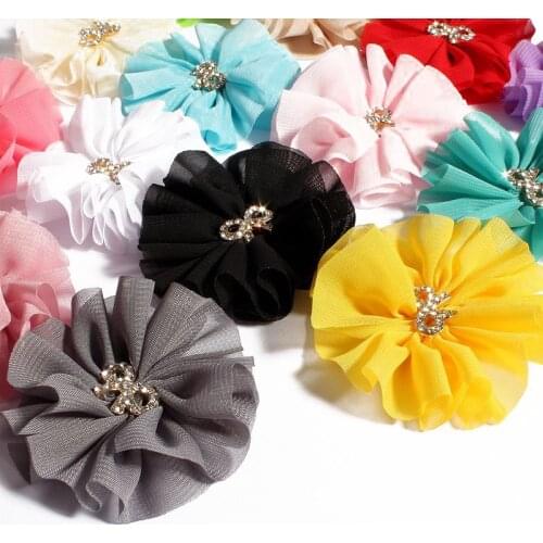 20pcs/lot 6.5CM 15Colors Chiffon Flower With Metal Bow Shaped Button For Baby Accessories Artificial Fabric Flower For Headbands