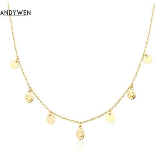 ANDYWEN New 925 Sterling Silver Gold Pure Smile Happy Mood Face Smiley Charm Choker Necklace Long Chain Jewelry Luxury Jewels