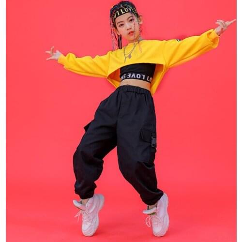 Girls Ballroom Hip Hop Clothing Yellow Loose Tops Black Hiphop Pants Children Jazz Street Dance Costumes Rave Clothes DQS6981