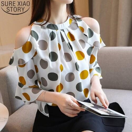 Elegant Chiffon Blouse Off-Shoulder Short Sleeve Stand Collar Korean Loose Polka Dot Slim Fit Women Tops Chemisier Femme 8983 50
