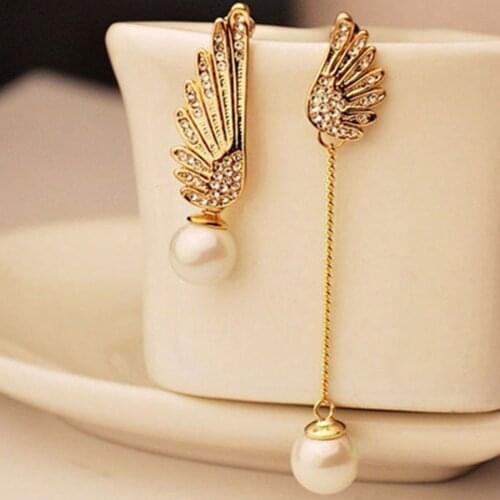 Elegant Womens Angel Wings Rhinestones Simulated Pearl Dangle Asymmetric Earrings Set Eardrops
