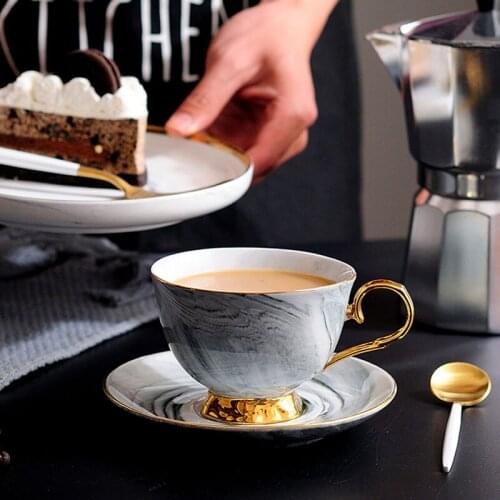 Nordic coffee cup ceramic teacup creative marble pattern gold-rimmed cup and saucer set household drinking cup birthday gifts