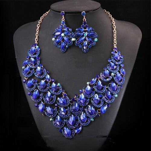 2021 Fashion Blue Color Delicate Bridal Wedding Party Crsyatl Jewelry Sets Necklace Earrings Women Dress Jewelry Set Gold Color