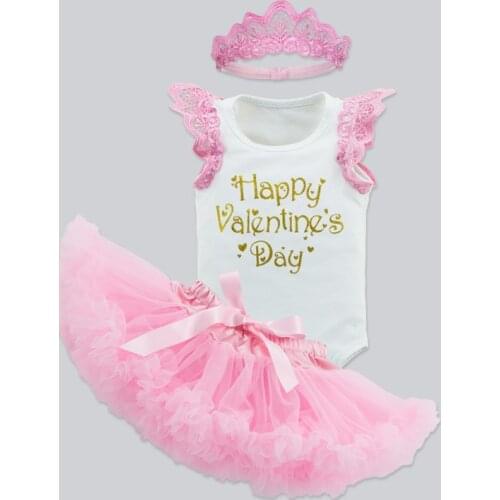 Happy Valentes Day Costume Baby Girls Outfit Bebe Kids Romper Lace Tutu Jumpsuit Overall Children Baby Infant Clothing 4PCS