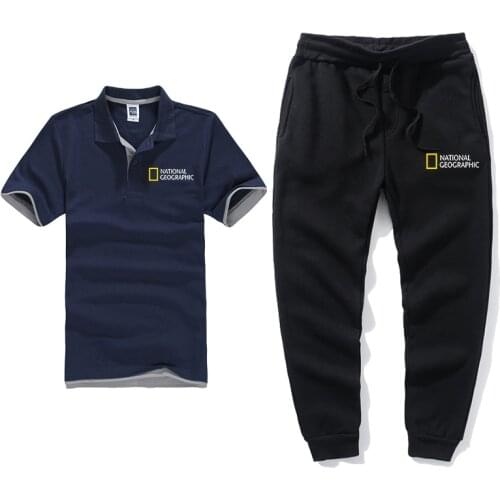 Summer Brand National Geographic Magazine Mens Sportswear Polo+ Pants Two-piece Casual Suit Mens Polo Shirt Short Sleeve Mens