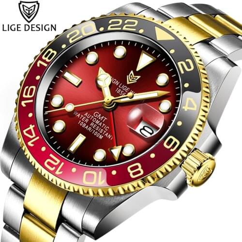 LIGE High-end Mens Watches Creative Wword-Shaped Pointer Fashion Mechanical Watch Men 316L Steel 100m Waterproof Sport Watch+Box