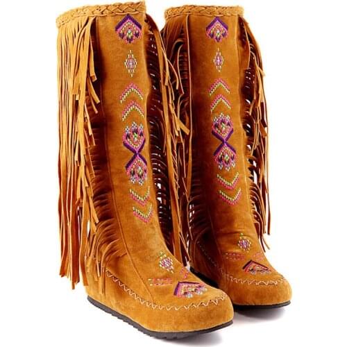 Fashion Chinese Ethnic Style Sheepskin Leather Ladies Tassel Flat Heel Boots Ladies Tassel Knee High Boots Size 34-48
