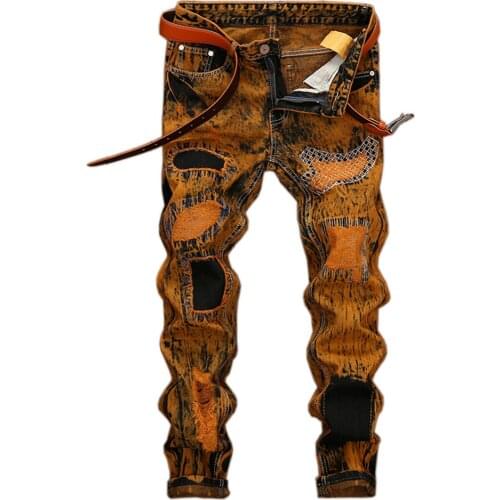 Mens Patchwork Denim Jeans Snow Washed Patch Design Embroidery Slim Straight Pants Tie and Dye Trousers