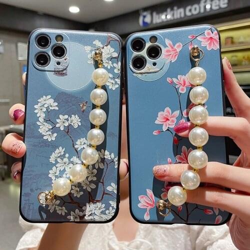 Cute Flower Pearl Strap Phone Case For iPhone 12 Pro Max 11 X XR XS MAX TPU Soft Back Cover For Women Girl