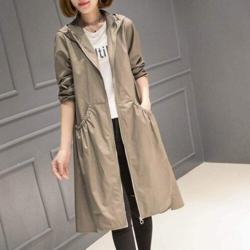 2019 Spring and Autumn New Hood Mid-length over-knee thin trench coat womens loose-fitting large-size coat long coat plus size