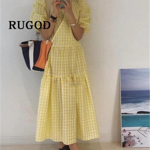 RUGOD Chic summer plaid dress women Fashion V neck ruff sleeve loose plus size beach dress female clothing Vintage casual dress