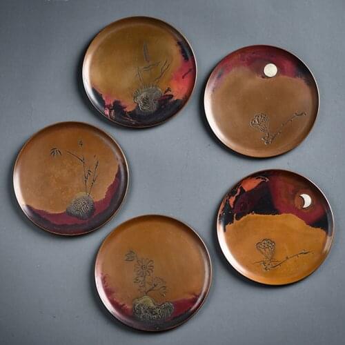 Japanese Style Handmade Colorful Engraving Silver Copper Tea Cup Tray For Home Hotel Teahouse Kung Fu Tea Cup Tray Anti-hot Tray