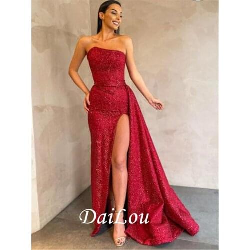 Sexy Strapless Floor-length Zipper Red Sequins Formal Evening Prom Dress 2021