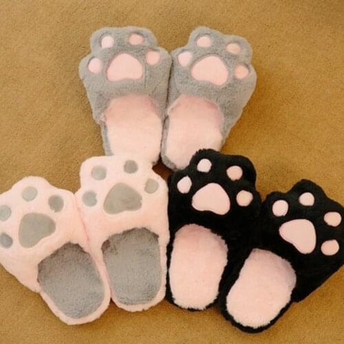 Cotton Slippers Female Simulation Rabbit Fur Cat Paw Slippers Indoor Home Plush Anti-skid Shoes Cute Home Furry Slippers