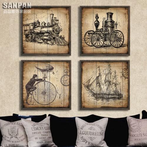 Vintage industrial style living room European-style mural paintings framed decorative wall painting paintings painted wooden fra