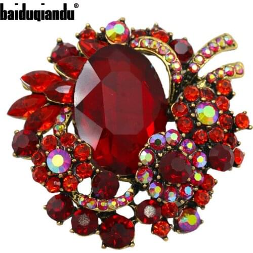 Vintage Style Crystal Rhinestones and Large Acrylic Stone Red Brooch Pins for Women