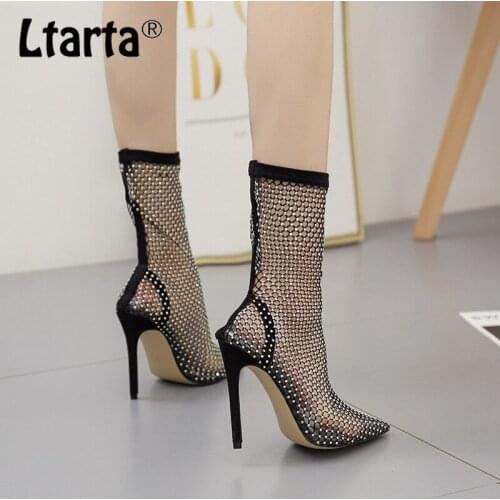 LTARTA Women Black Sexy Thin Heel Pointed Hollow Mesh Fishnet Socks Boots Womens High Heel Ankle Boots Large Size WBL-7139-5