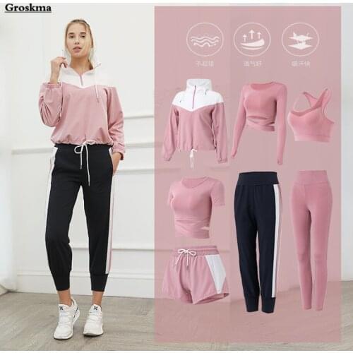 7 Piece Set Women Quick Dry Yoga Clothing Hooded Coats+T Shirt+Bra+Shorts+Pants+Leggings Fitness Gym Outdoor Sportswear Suits