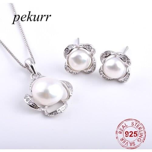 Pekurr 925 Sterling Silver Zircon Arc Leaf Clover Freshwater Natural Pearl Earrings Necklace Sets For Women Round Pendants Set