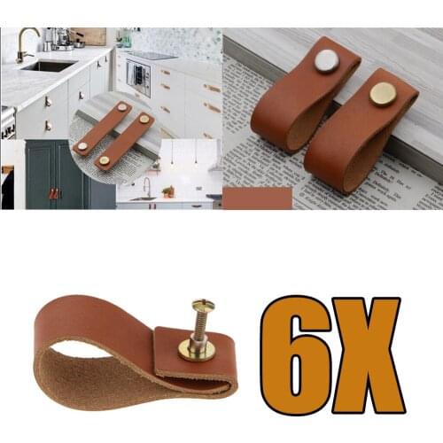 6Pcs PU Leather Cabinet Pulls Door Knob Handle Handmade Single Hole Brown_A