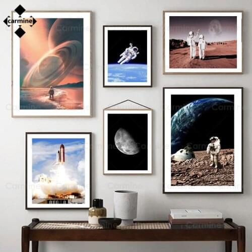 Astronaut Moon Earth Wall Painting Space Rocket Planet Canvas Poster Modern Wall Art Poster and Print for Home Nordic Decoration