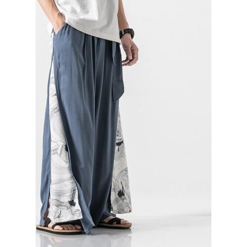 Cotton Linen Wide Leg Pants Mens Chinese Style Patchwork Vintage Man Leisure Trousers 2021 Summer Harem Pants Male Fashion Pants