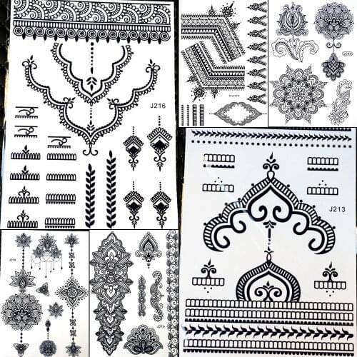 Black Indian Henna Mehndi Temporary Tattoo Women Body Art Arm Fake Water Transfer Tattoo Hands Finger Tatoo Girl Chains Designs