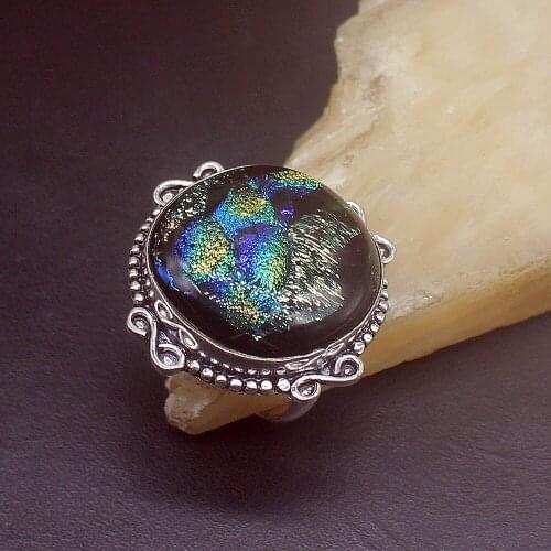 Hermosa Jewelry New Arrival Antique Fashion Dichroic Glass Silver Color Wedding Charms Band Ring For Women Men Size 9 FQ175