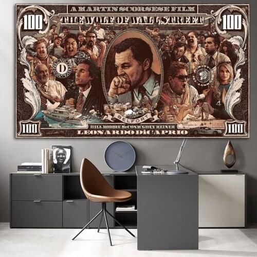 Wang Art Graffiti Street Money Art 100 Dollar Canvas Painting Posters and Prints Wolf of Wall Street Painting for Living Room