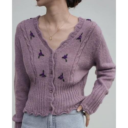 Cardigan for Women Knitted Sweater Floral V-Neck Long Sleeve Cropped Sweaters Female Sweet Korea Style Jumper Purple Cardigan